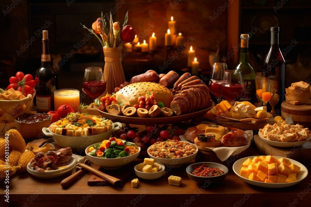 Table Full of Thanksgiving Day Food Image. Generative AI