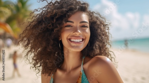 woman with curly afro hair smiling looking at camera, at the beach, summertime. Generative Ai image