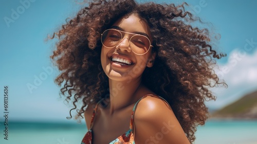 beautiful young adult woman with curly afro hair at the beach, smiling looking at camera, summertime. Generative Ai image © Kaleidopix