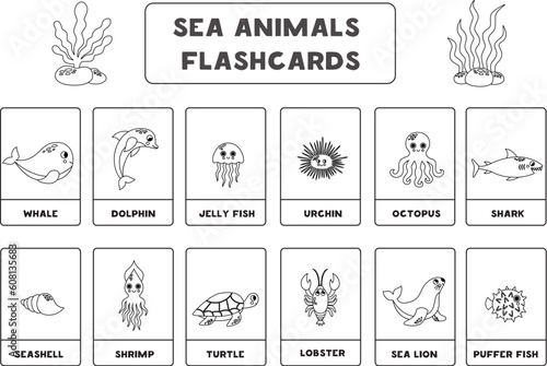 Cute cartoon sea animals with names. Black and white. Flashcards for learning English.