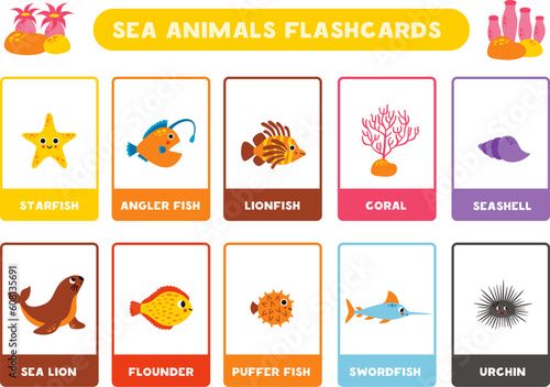 Cute cartoon sea animals with names. Flashcards for learning English.
