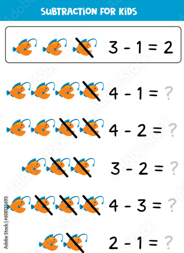Subtraction with cute angler fish. Educational math game for kids.