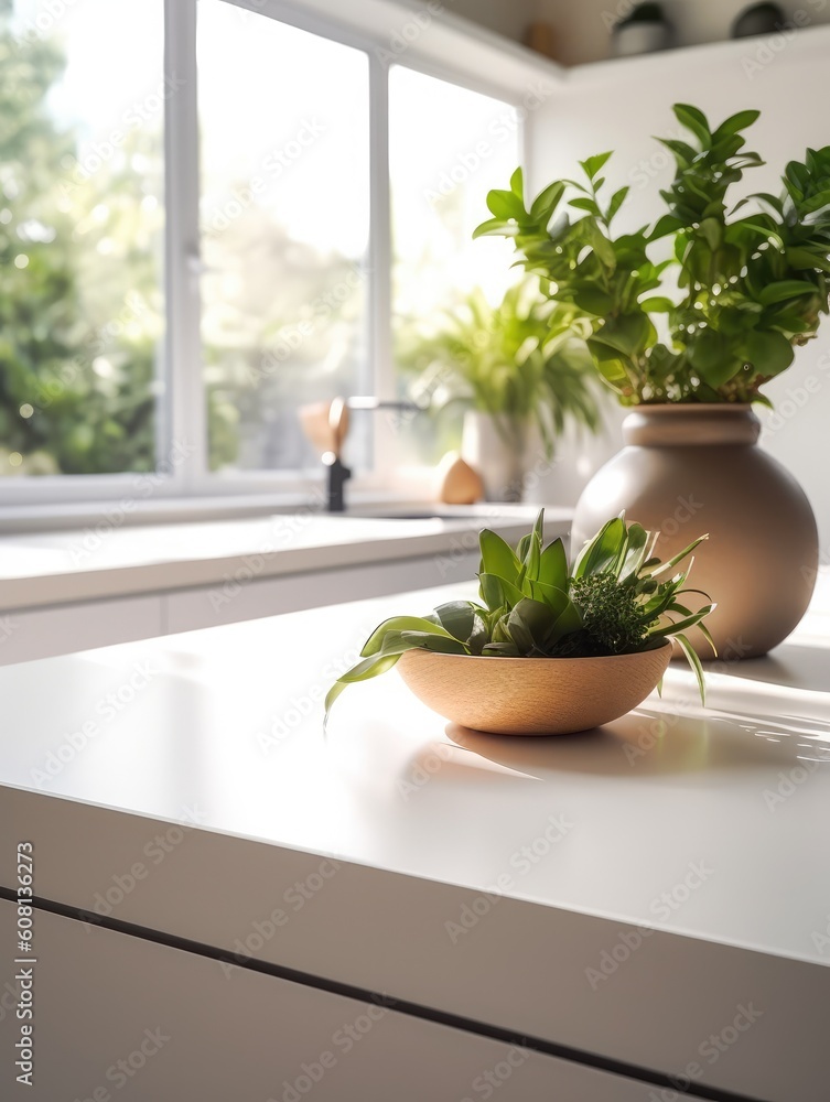 Fresh herbs in bowl on countertop in kitchen, space for text. generative AI Fresh herbs in bowl on countertop in kitchen, space for text. generative AI