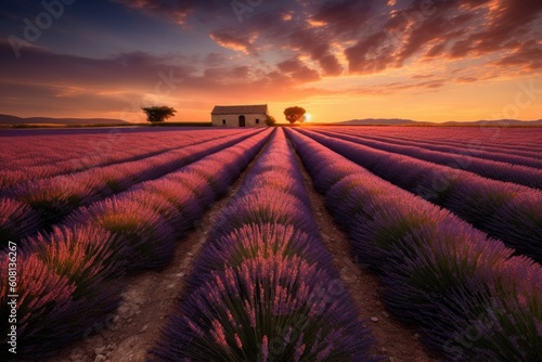 a picturesque lavender field with a charming house in the background