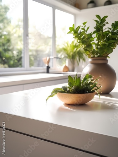 Fresh herbs in bowl on countertop in kitchen, space for text. generative AI © matteo