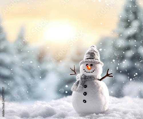 Christmas card with a happy snowman on a blurry forest background. Snow winter background. Christmas card and holiday mood. Copy space for text. Generative AI