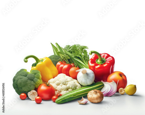 Ripe fresh vegetables and fruits on a white background. Harvest concept and healthy eating.Copy space for text.Generative AI