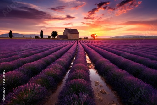 a picturesque lavender field at sunset with a distant house in the background