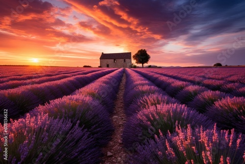 a picturesque lavender field with a charming house in the background