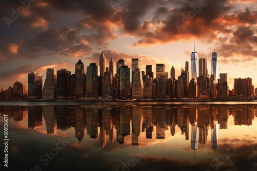 Illustration of a Cityscape with a Reflection in the Water, Generative AI
