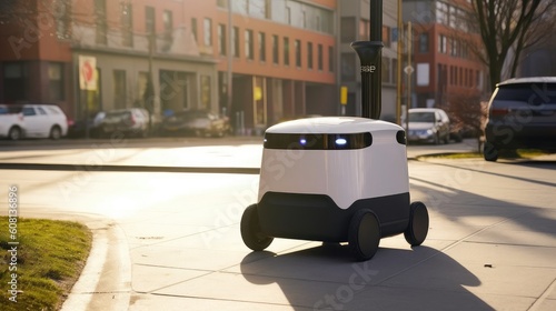 Delivery robot drives down the street sidewalk, last mile secure package delivery via automatic wireless delivery robot, cargo shipment robot rides on city street, generative AI photo