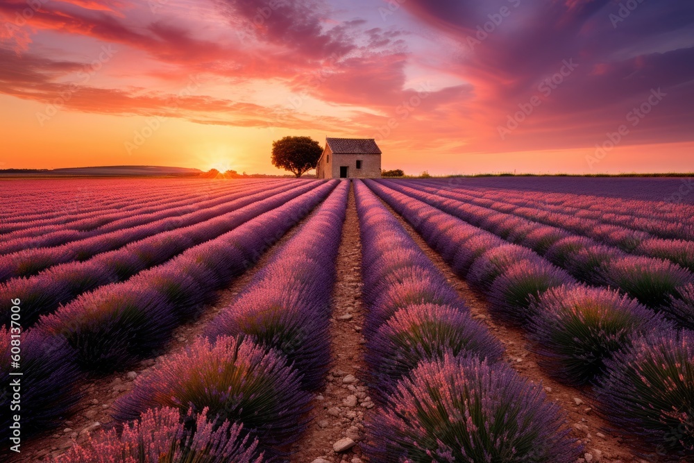 A picturesque lavender field with a charming house in the background A picturesque lavender field with a charming house in the background