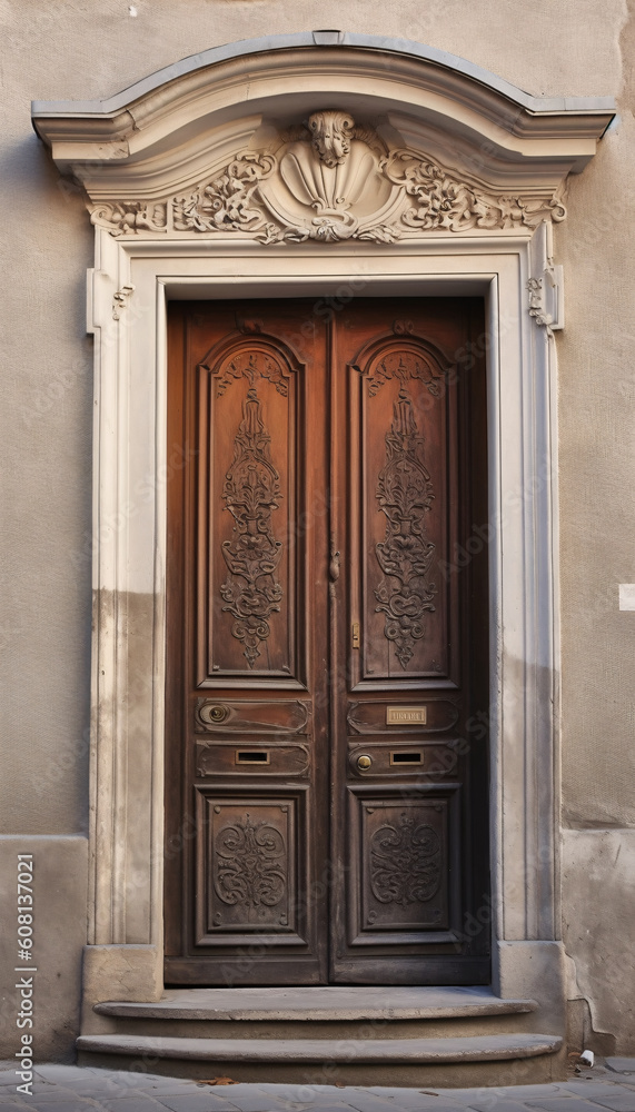 Vintage brown wooden front door on the facade of a building, AI generated