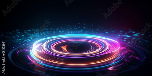 Circle blue and purple ring energy, illustration for product presentation template, copy space dark background. Ai generative