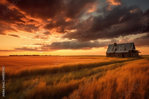 A rustic barn in a picturesque field during sunset