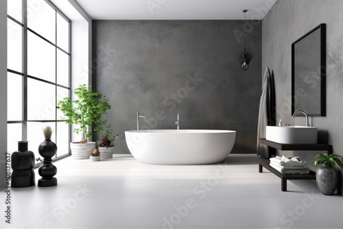 Illustration of a serene bathroom with a large white bathtub positioned next to a picturesque window  Generative AI