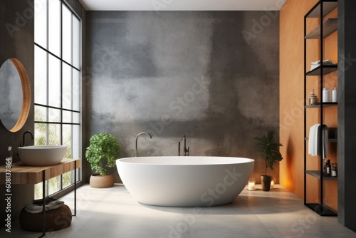 Illustration of a spacious bathroom with a modern white bathtub next to a large window  Generative AI