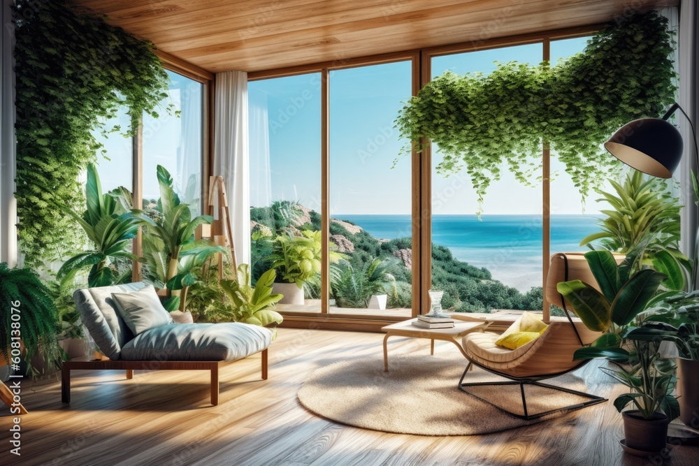 Illustration of a cozy living room with a panoramic view of the ocean, Generative AI