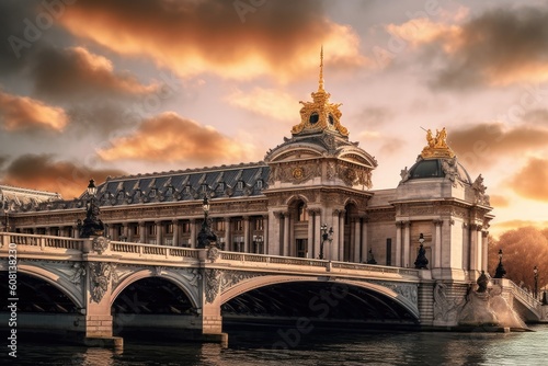 a bridge over a calm body of water with a majestic building in the background © Virginie Verglas