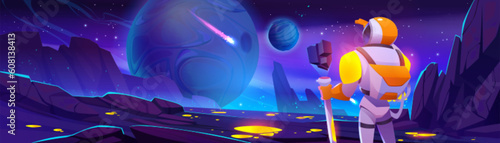 Astronaut explore planet in space cartoon fantasy vector background. Falling meteorite in outer cosmos scene. Lava puddle on cosmic surface and cosmonaut character in suit with helmet at night