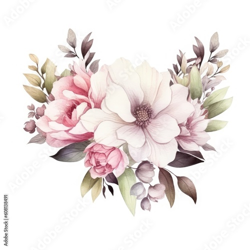 Wedding floral composition. Watercolor flowers isolated on white background. Botanical illustration. Generative AI © Slanapotam