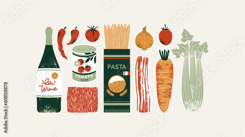 Traditional Italian pasta sauce ingredients. Pasta Bolognese horizontal illustration. Wine with spaghetti and celery with ground meat and tomato paste. 