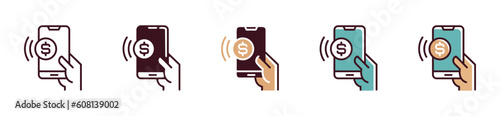 mobile transfer payment icon vector, hand holding a smartphone doing online shopping paying transaction signs illustration