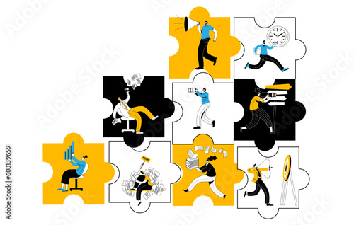 Various characters are doing business in the puzzle pieces. Vector illustration on the topic of interaction between departments and teamwork.