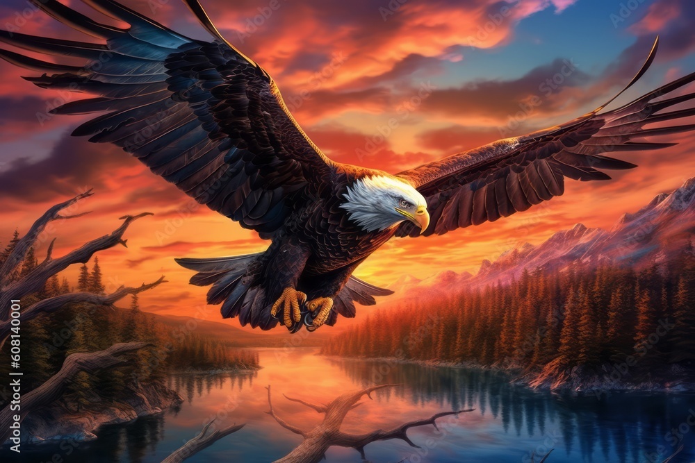 Fototapeta premium An epic image of a majestic Bald Eagle soaring through the sky, carrying an American flag in its talons, against a backdrop of a vibrant sunset colors. Concept strength and freedom. Generative AI