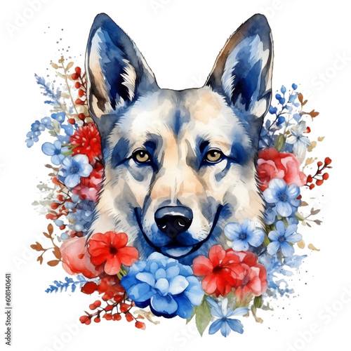 4th of July Floral Dog Sublimation, 4th of July Watercolor Dog Clipart. Red, Blue and White Watercolor Flowers. © TasaDigital