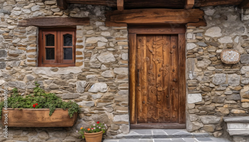 Entrance rustic wooden door on the facade of a stone cozy country house or cottage. AI generated