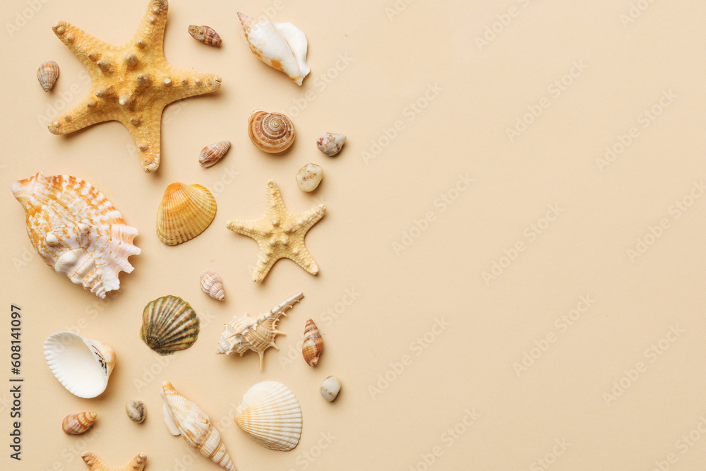 Summer time concept Flat lay composition with beautiful starfish and sea shells on colored table, top view with copy space for text