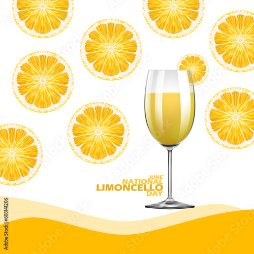 A glass of fresh drink topped with an orange slice called Limoncello with a wave frame and bold text on a white background to celebrate National Limoncello Day on June 22