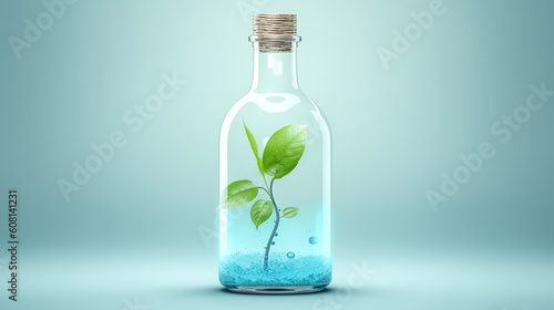 A young plant grows in a bottle, generative AI.