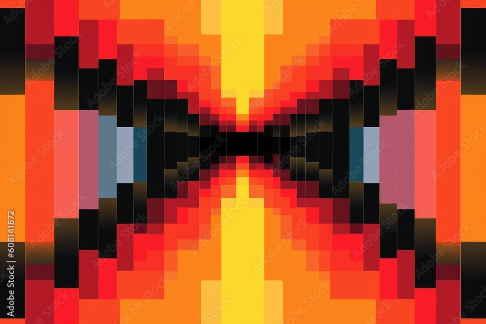 Obraz premium A symmetrical pixel art background pattern with an orange, red, and yellow color scheme, featuring black outlines.