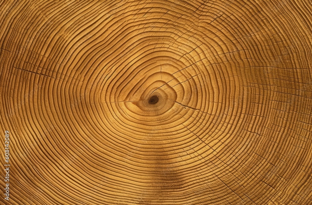 Wooden grain texture with large rings in the center of the cross-section of a tree trunk, top view. Wooden grain texture with large rings in the center of the cross-section of a tree trunk, top view.