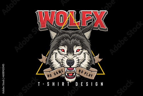 Vector wolf biting the ribbon angrily, design for t-shirt