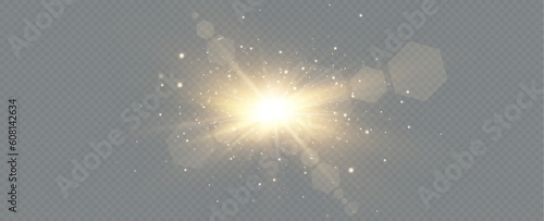 Golden particles of light. Golden light. Light flare.Stars isolated on transparent background