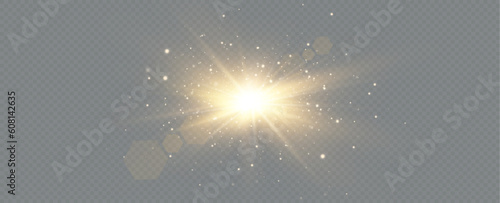 Golden particles of light. Golden light. Light flare.Stars isolated on transparent background
