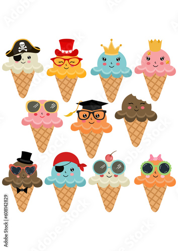 Set of digital elements with funny cone iced summer treat
