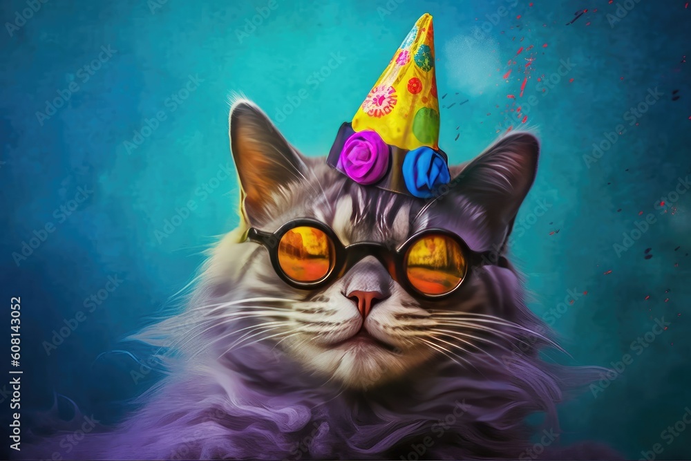 Cat smiling with an open mouth in a party hat and colorful sunglasses Cat smiling with an open mouth in a party hat and colorful sunglasses