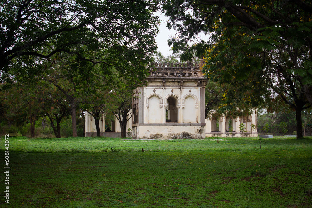 View of one of tomb building with natural surroundings in Qutb Shahi Archaeological Park, Hyderabad, India