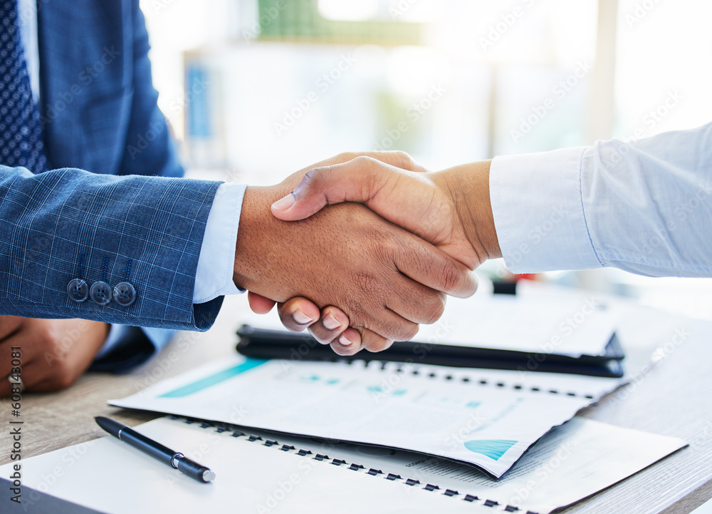 Agreement, businessmen with handshake and with contract in office at workplace. Business meeting or interview, thank you or crm and people partnership or onboarding shaking hands in a boardroom