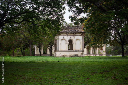 View of one of tomb building with natural surroundings in Qutb Shahi Archaeological Park, Hyderabad, India