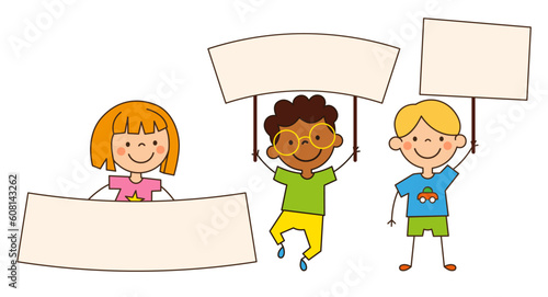 Set of cute Preschoolers Boys and Girl with blank banners in hands. Multicultural children characters on doodle style. Vector illustration isolated on white background