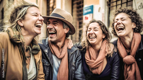 a group of old friends laugh heartily together, generative AI