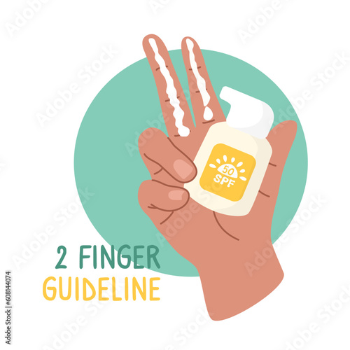 Illustration of instructions on how to apply sunscreen on the face. Hand with SPF serum on two fingers in a flat style.