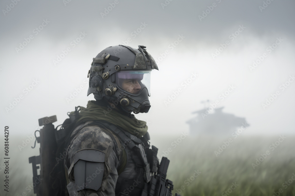 A group of modern-day soldiers in full equipment conducts a patrol in an unurbanized area created with generative AI technology A group of modern-day soldiers in full equipment conducts a patrol in an unurbanized area created with generative AI technology
