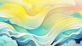 Abstract ocean wave with sun and sky, curvy lines and fluid swirls. Copy space, backdrop for text. Happy blue, pink, yellow pastel colors summer sky vacation background. Generative AI.