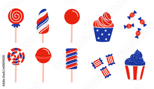 Illustration of a set of lollipops, sweets, and cupcakes in red, white, and blue in a flat style. Sweets for USA Independence Day
